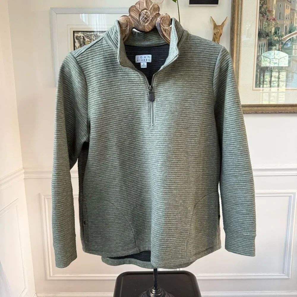 Joan Rivers Moss Green Horizontal Rib Quarter Zip Pullover Pockets M